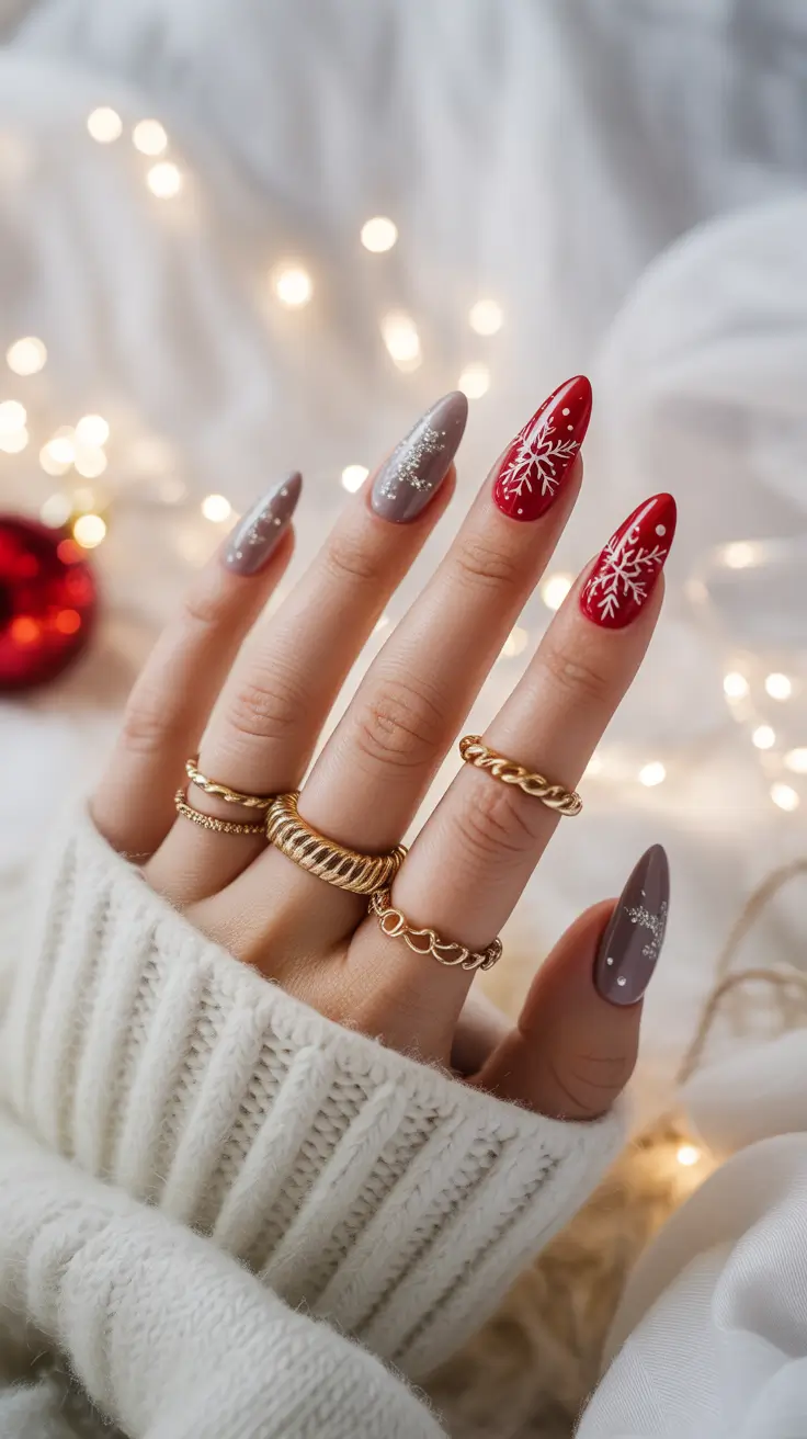 Winter nail designs 2025-2026 Frosted Red & Silver Snowflakes