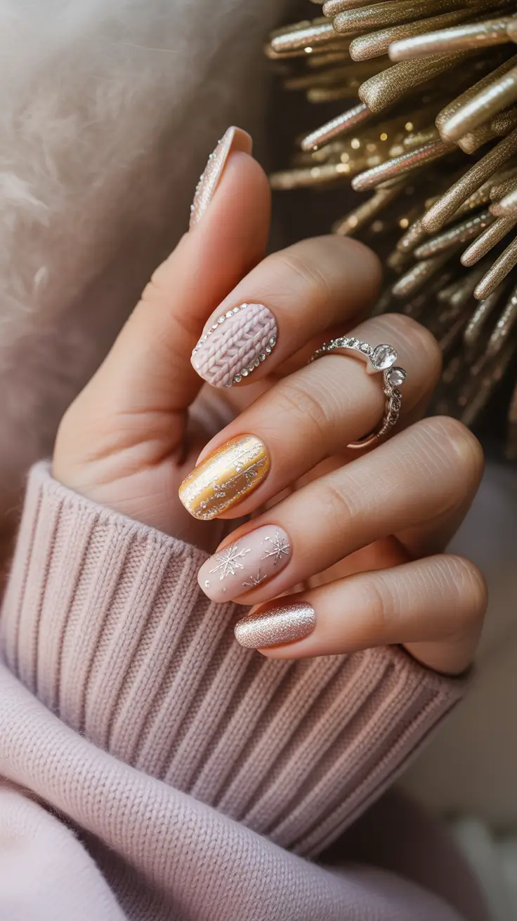 Winter nail designs 2025-2026 Cozy Knit & Gold Glow