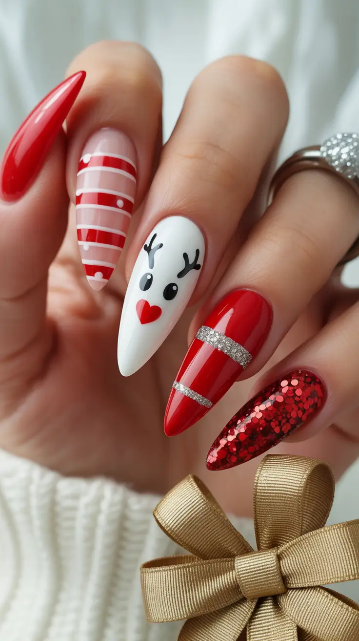 Winter nail designs 2025-2026 Red Reindeer Cheer