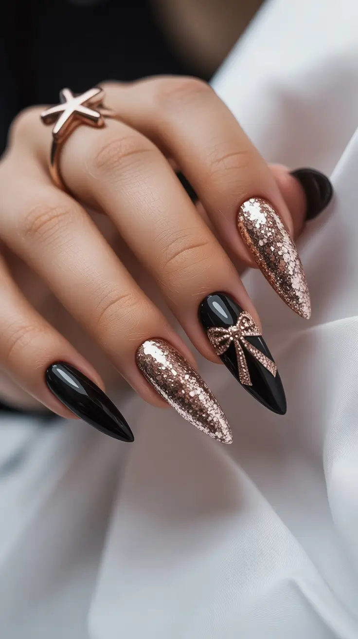 Winter Nail Inspo 2025-2026 Midnight Glam Bow