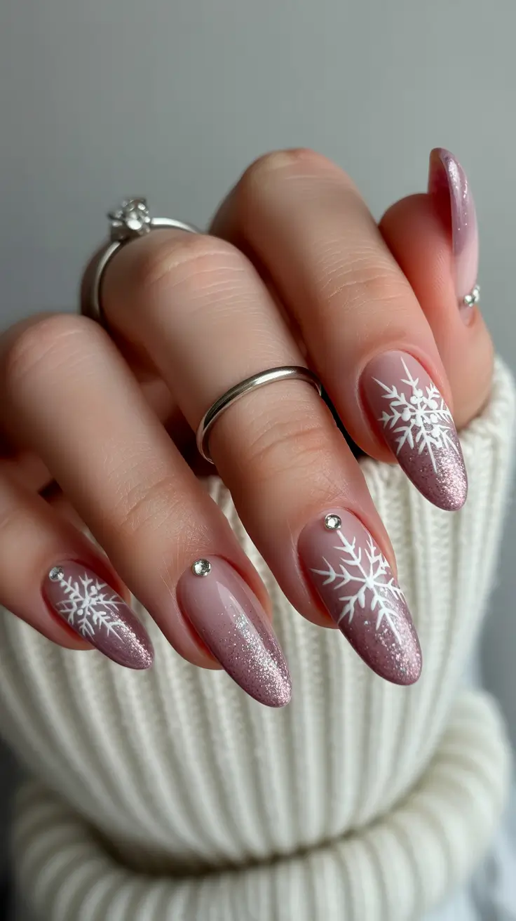 Winter Nail Inspo 2025–2026 Rosy Snowflake Sparkle