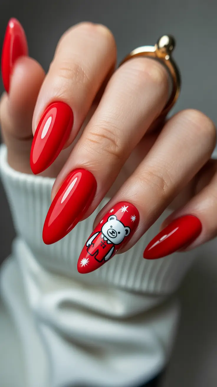 winter nails almond design and color ideas 2025-2026 Classic Red Cheer