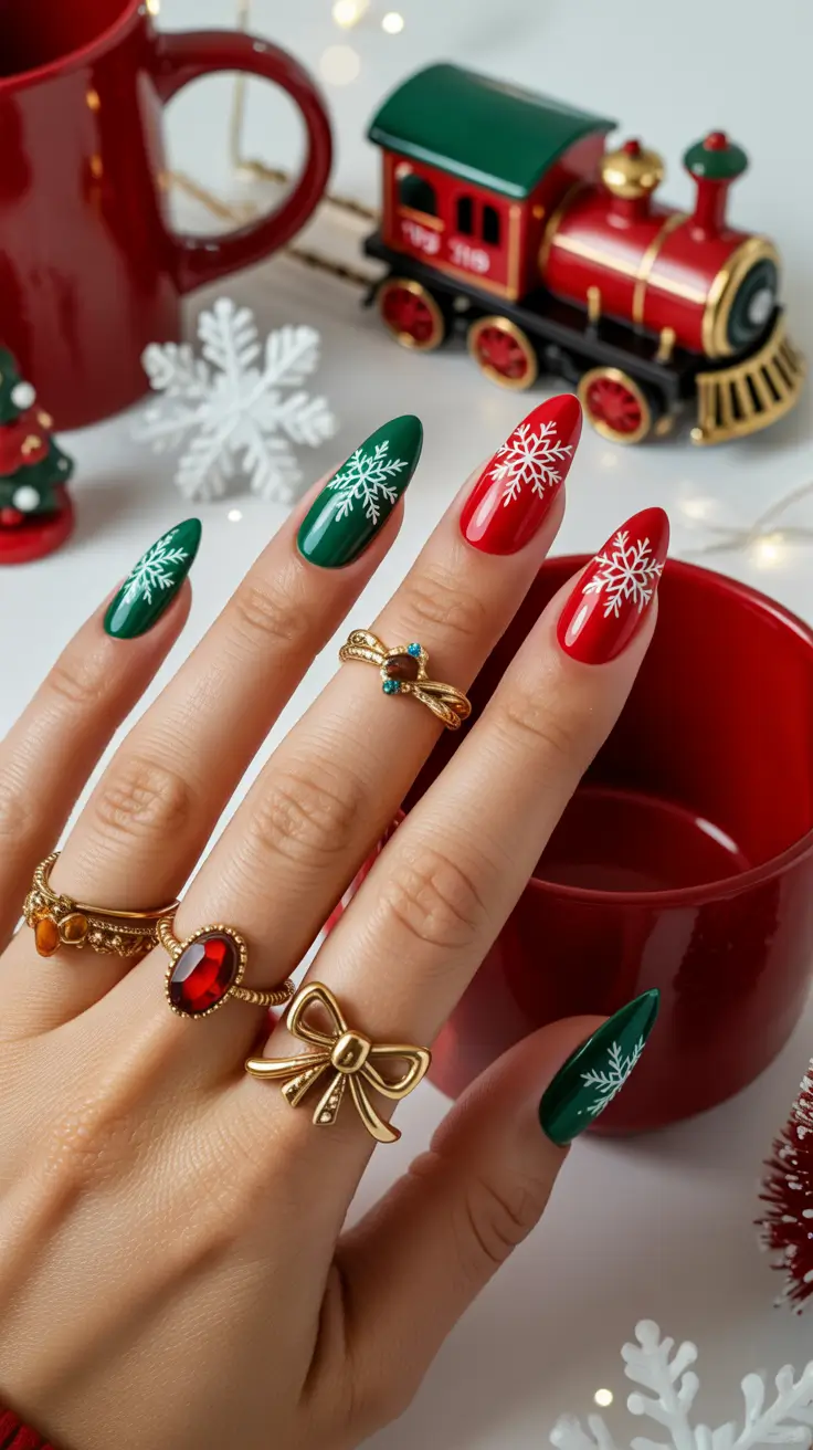 winter nails almond design and color ideas 2025-2026 Holiday Glamour Mix