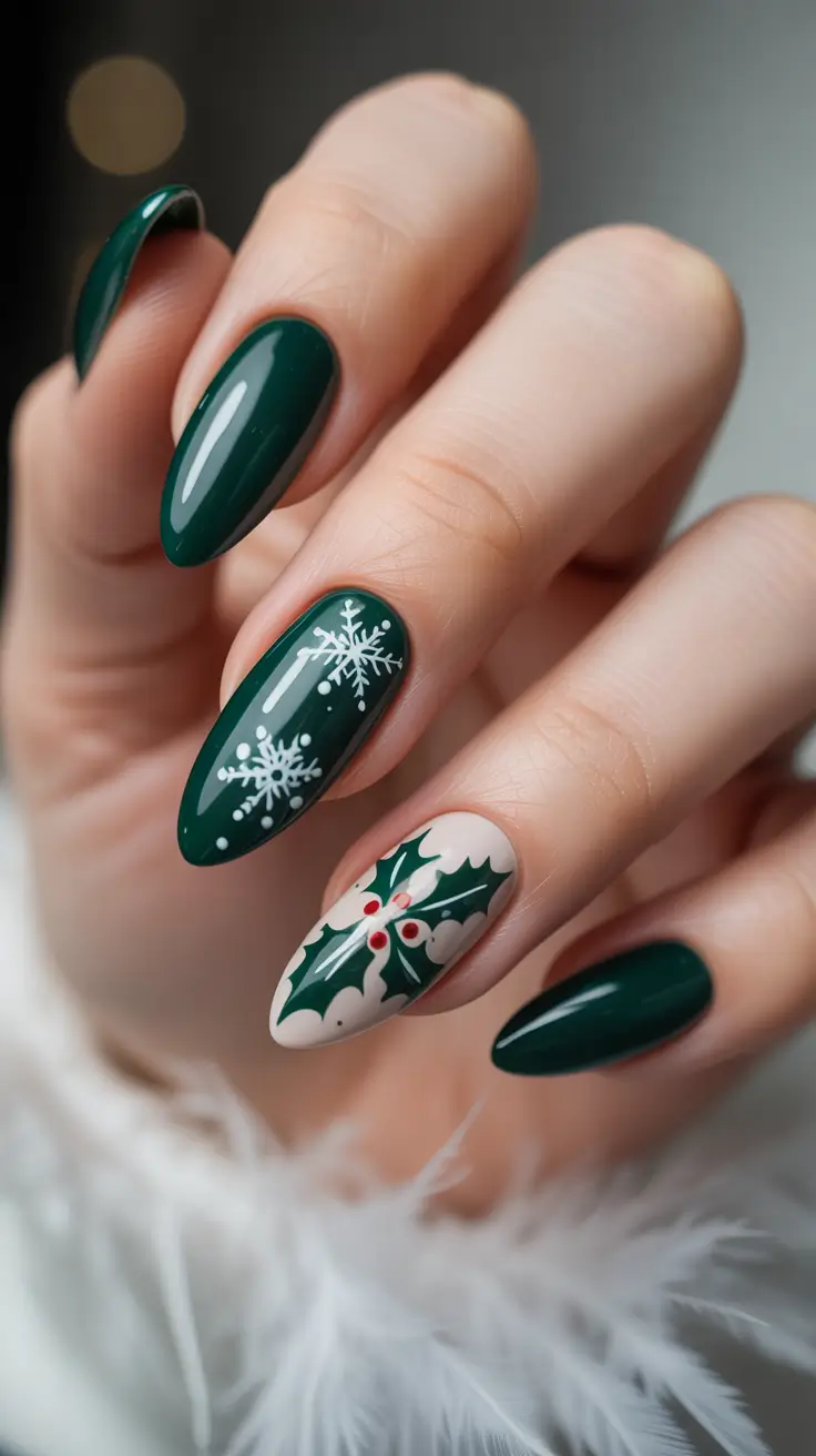 winter nails almond design and color ideas 2025-2026 Evergreen Snowflakes