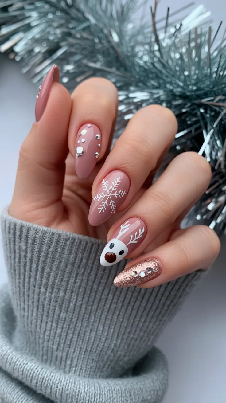 winter nails almond design and color ideas 2025-2026 Soft Blush Reindeer Charm
