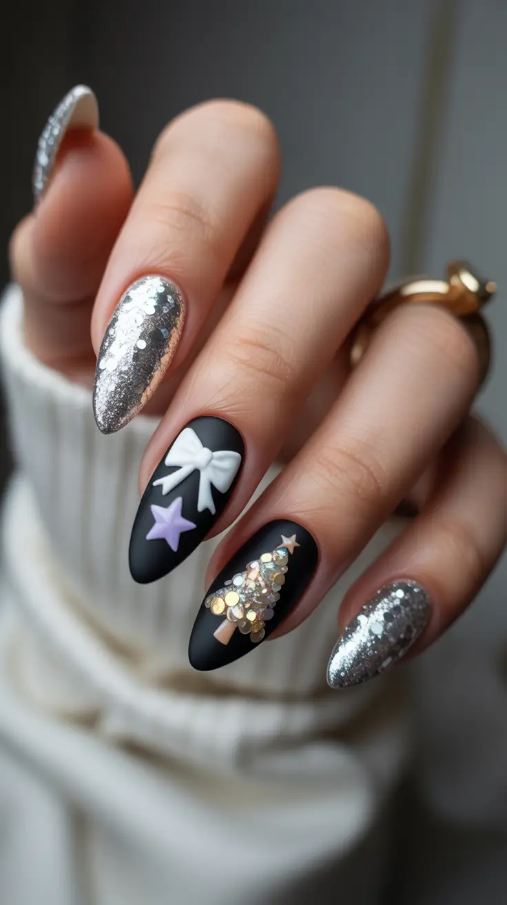 winter nails almond design and color ideas 2025-2026 Midnight Glam Holiday