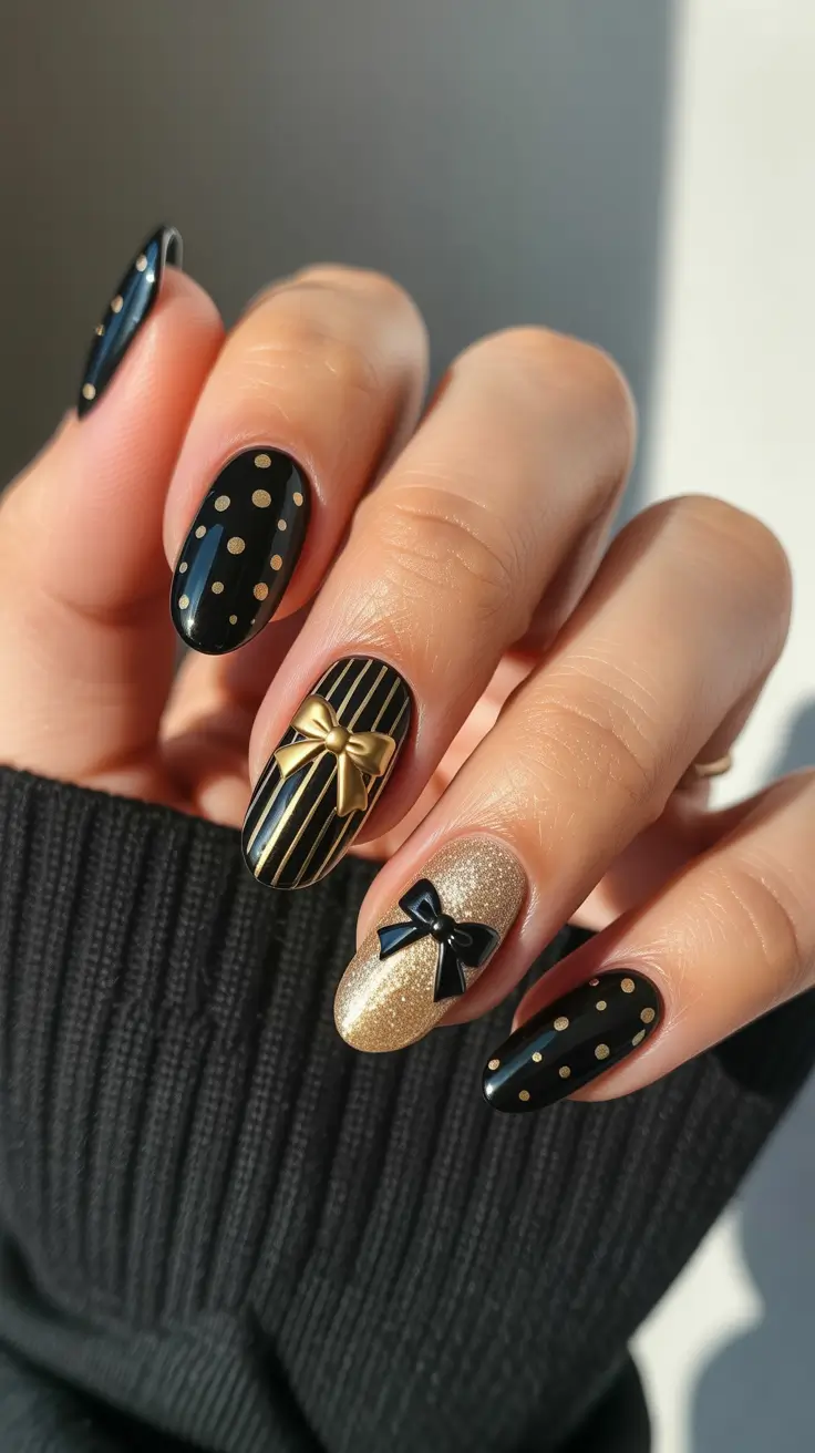 winter nails almond design and color ideas 2025-2026 Golden Gift Wrap