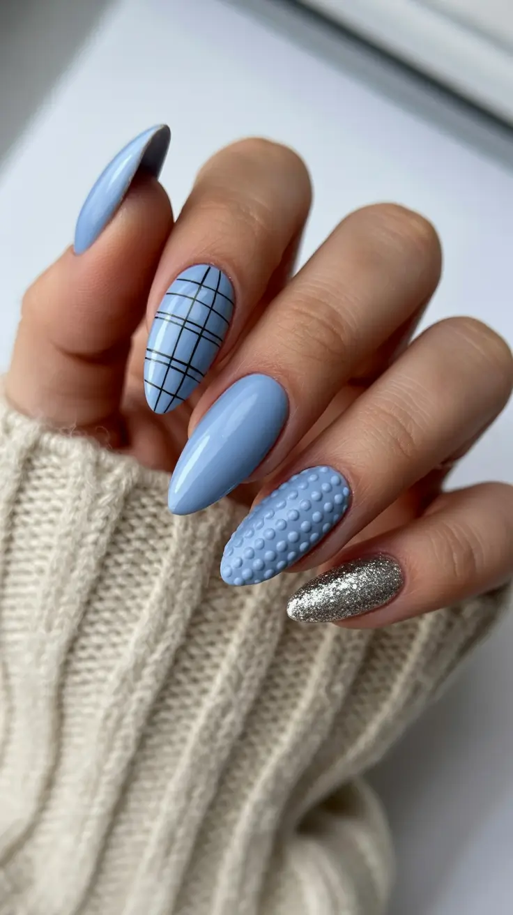 winter nails almond design and color ideas 2025-2026 Frosty Blue Sweater