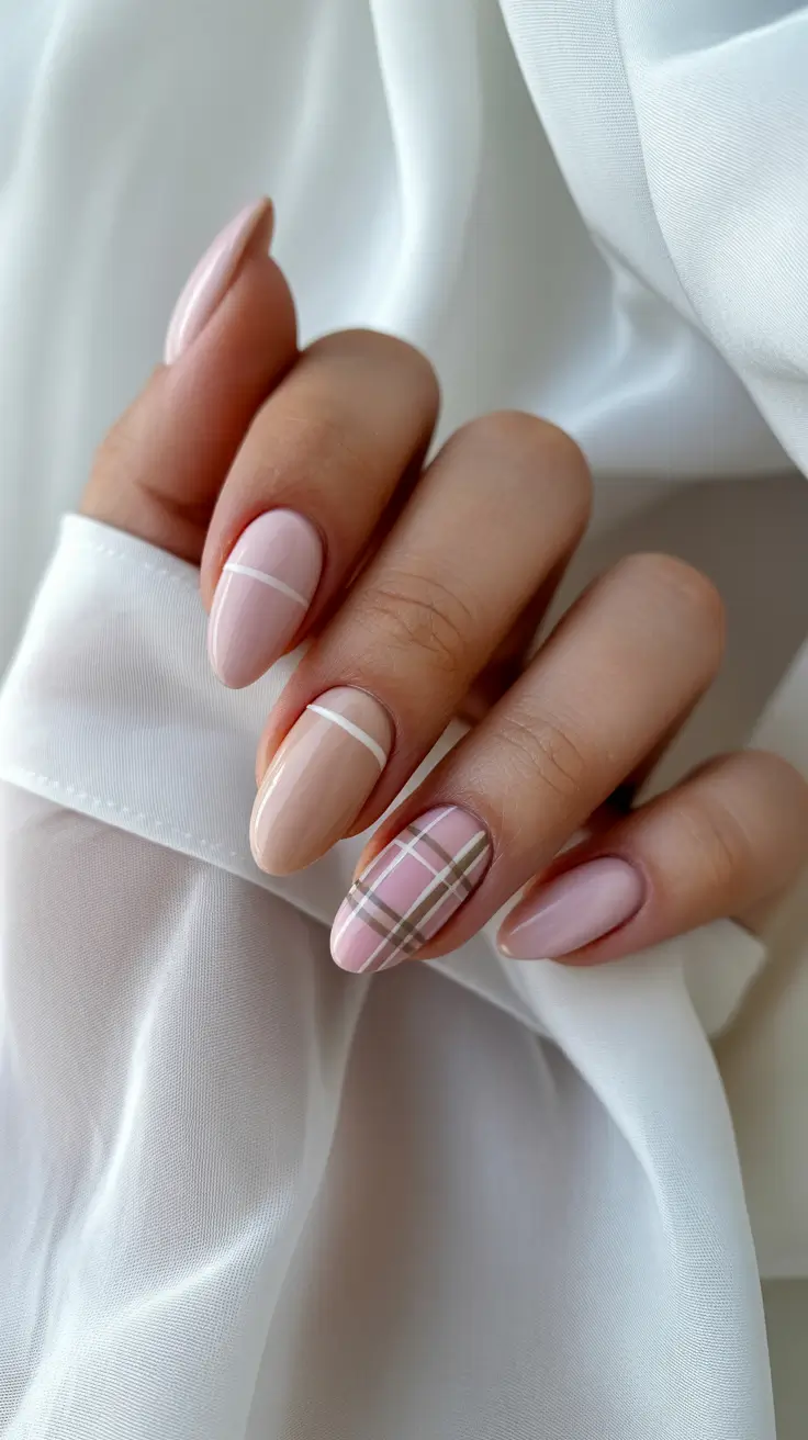 winter nails almond design and color ideas 2025-2026 Winter Nude Check
