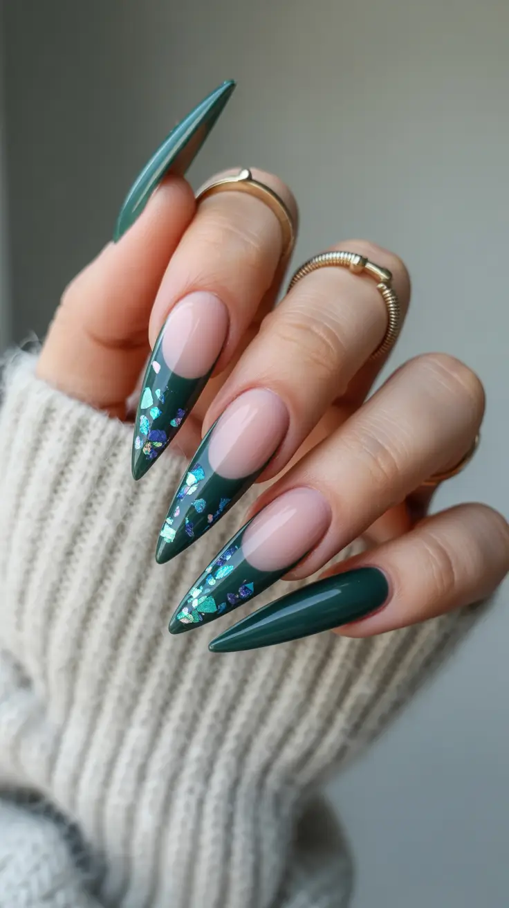 winter-nails-new-color-trends-ideas-2025-2026-Emerald-Shards-French