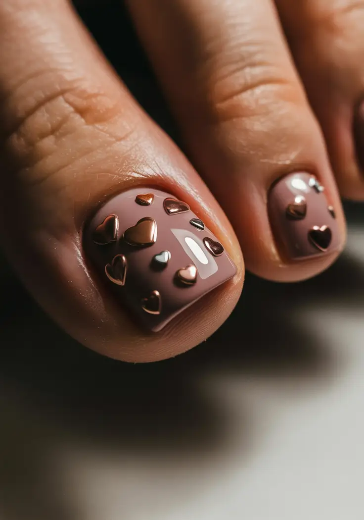 winter nails toe design and color 2025 2026 Rose Gold Hearts