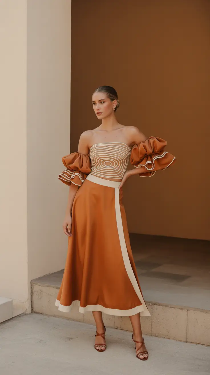 vacation outfits 2026 Sculpted Terracotta Elegance for Coastal Evenings