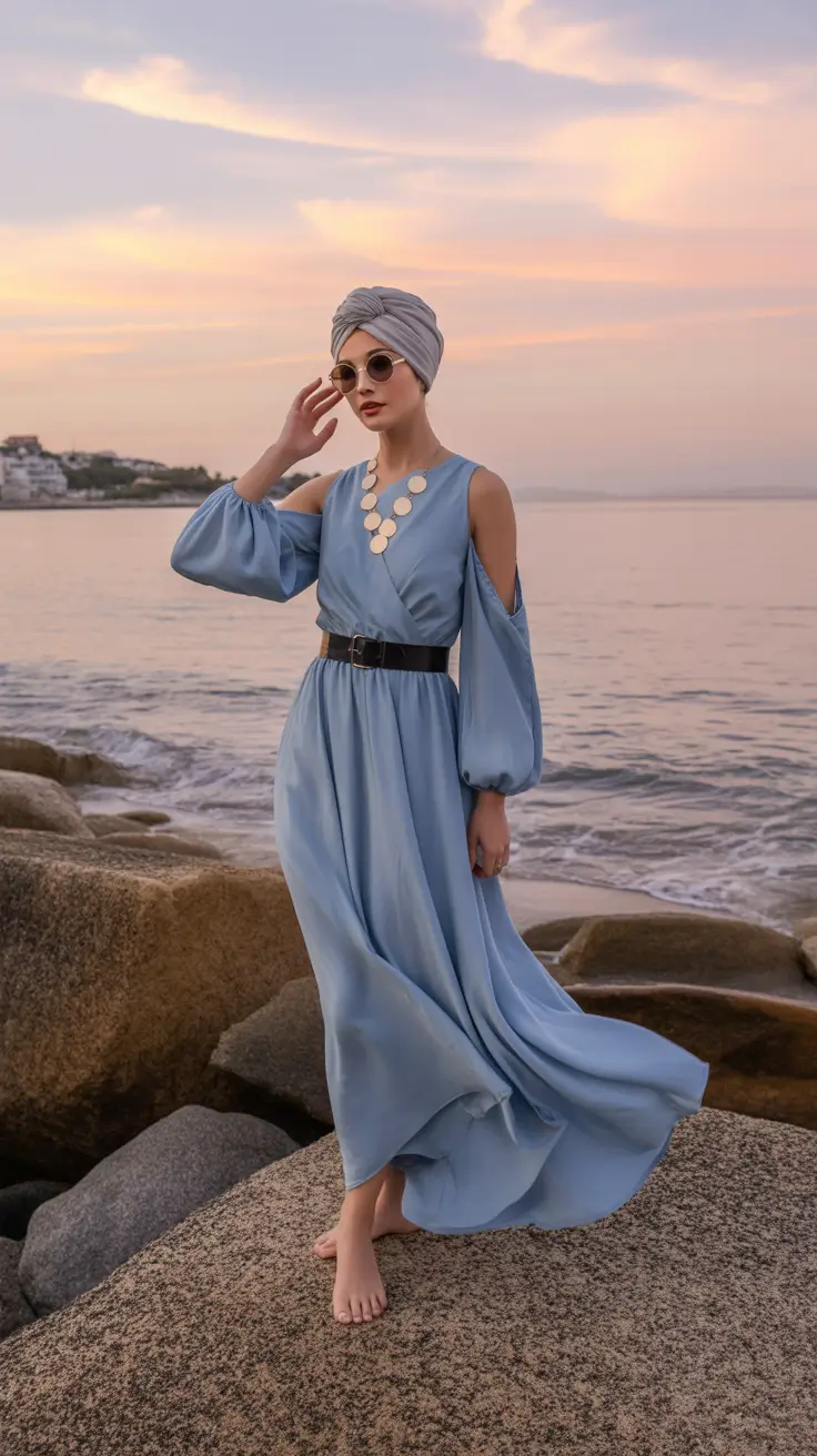 vacation outfits 2026 Coastal Serenity in Flowing Blue