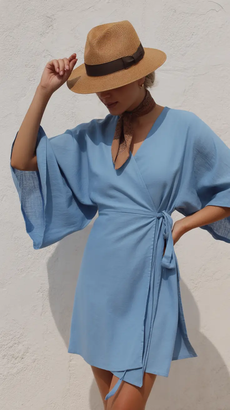 vacation outfits 2026 Soft Blue Wrap for Warm Coastal Mornings