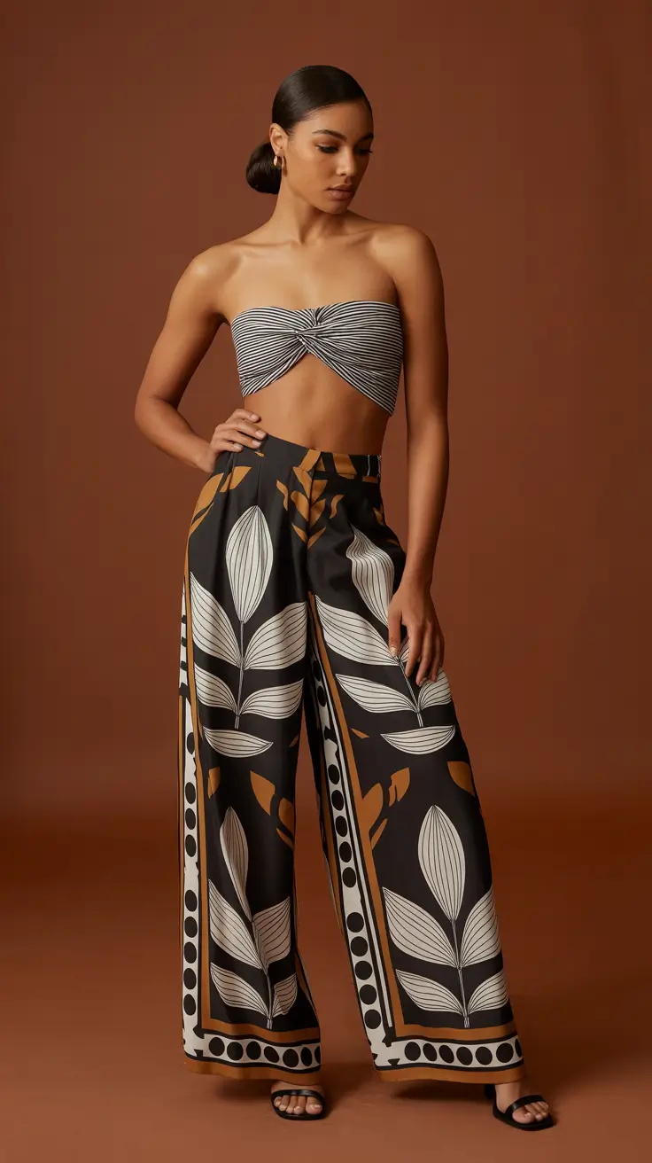 vacation outfits 2026 Striped Bandeau and Botanical Trouser Freedom