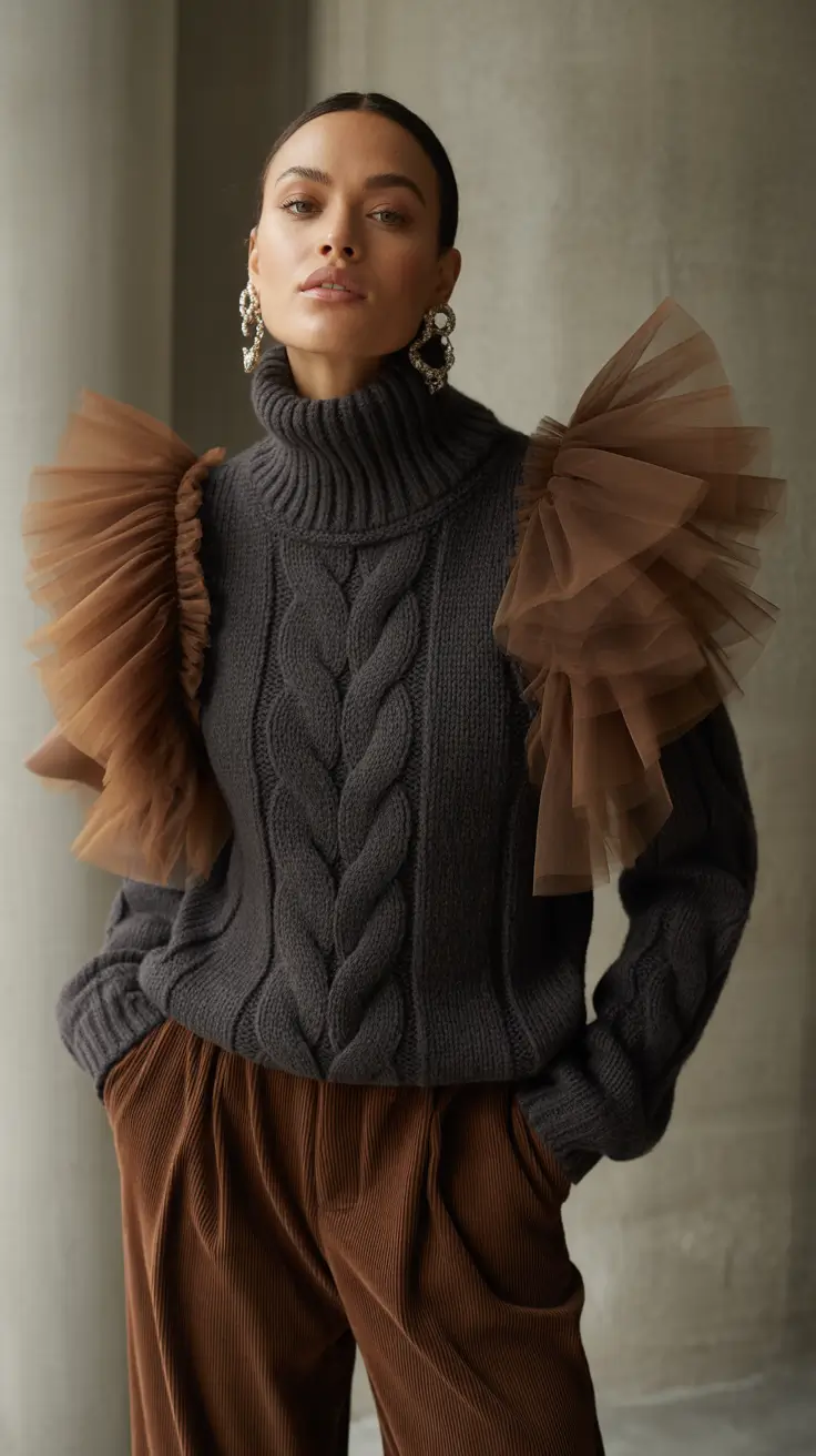 cold weather outfits 2026 Tulle Drama Meets Knit Strength