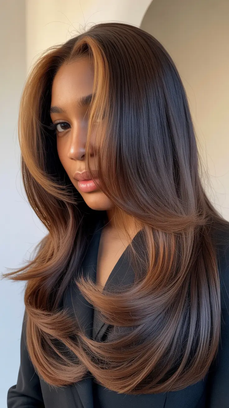 hair color for dark skin 2026 Golden Peek Layers