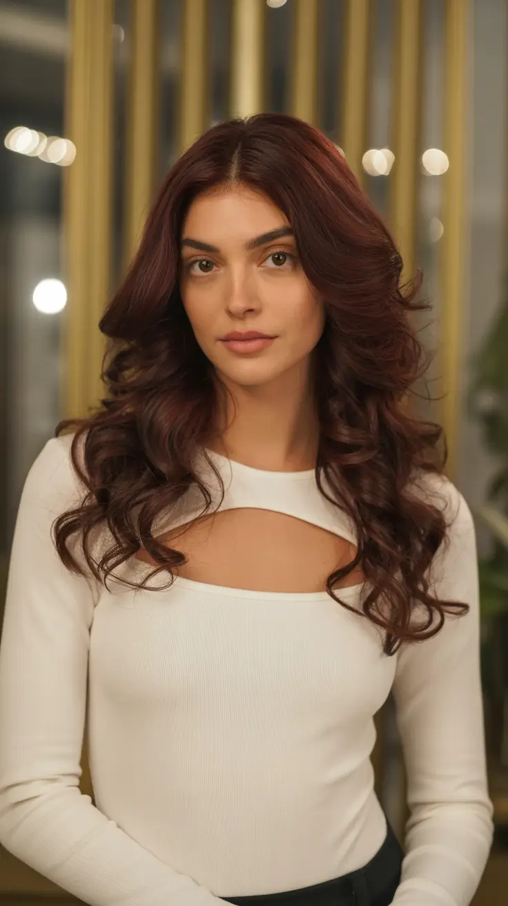 brunette hair color 2026 Soft Chocolate Curls with a Polished Glow