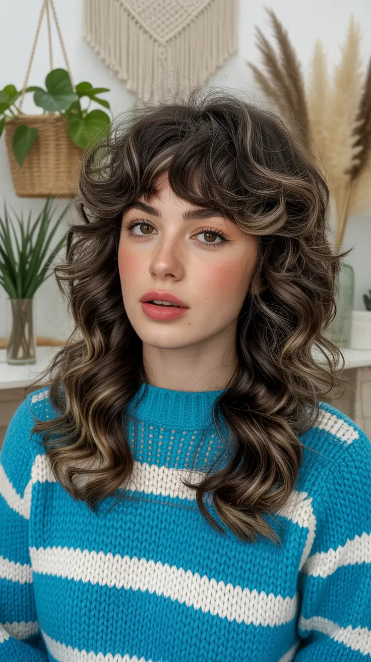 brunette hair color 2026 Curly Fringe with Cool-Toned Dimension