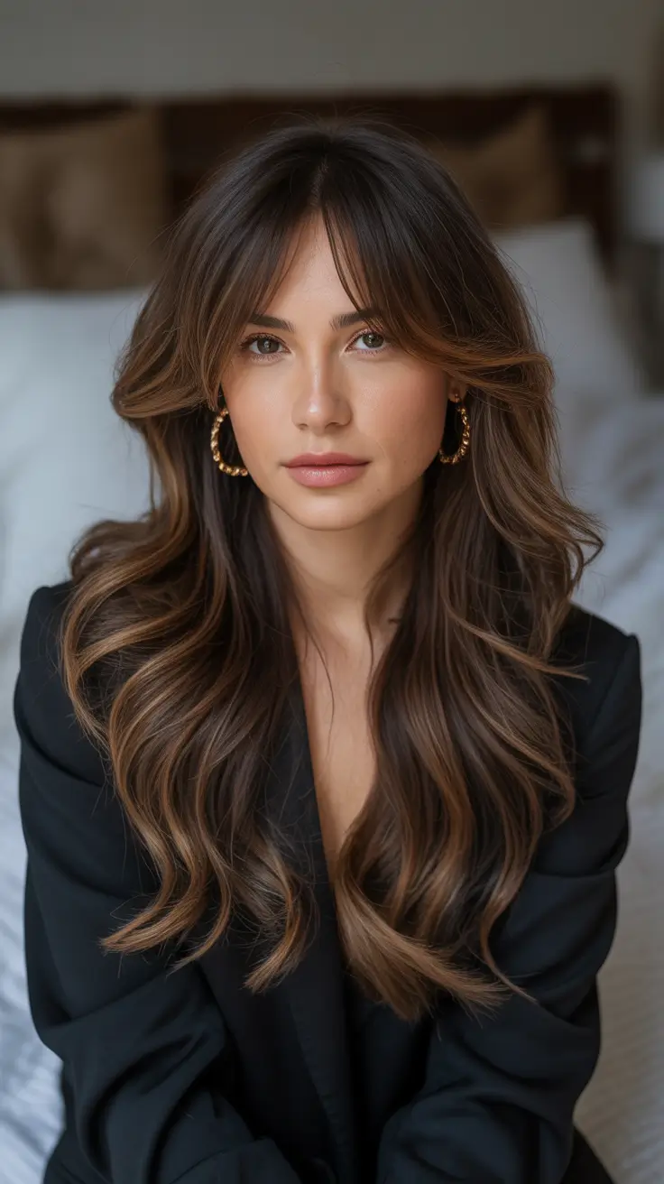brunette hair color 2026 Warm Latte Balayage with Curtain Bangs