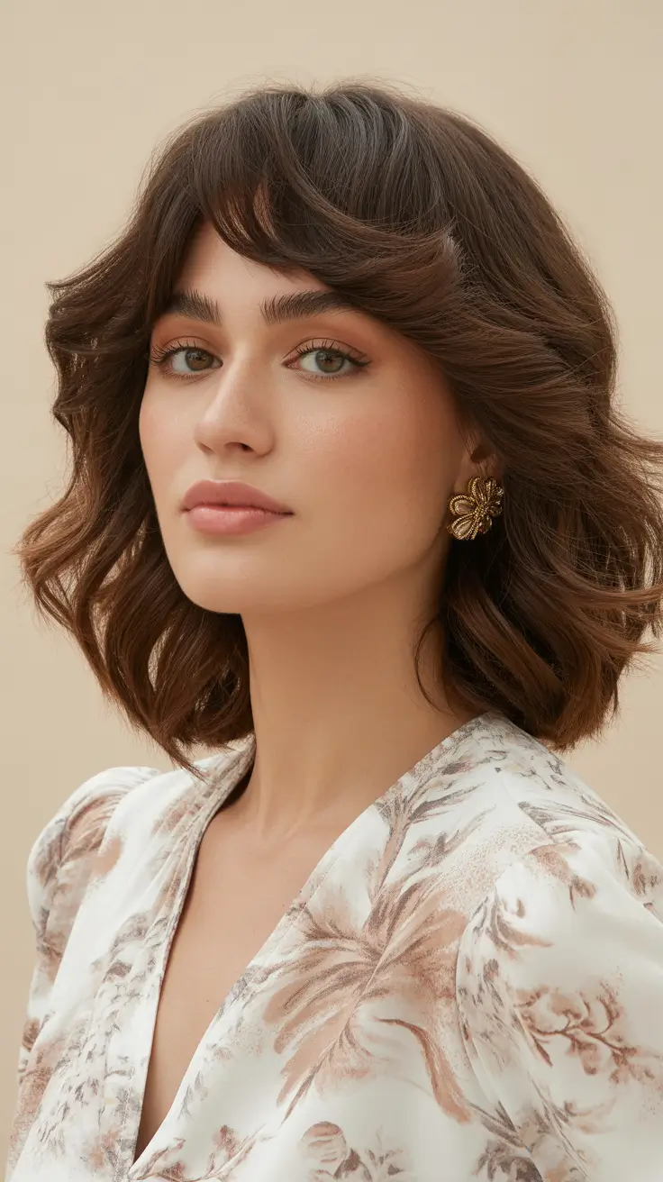 brunette hair color 2026 Soft Layers and Effortless Bangs