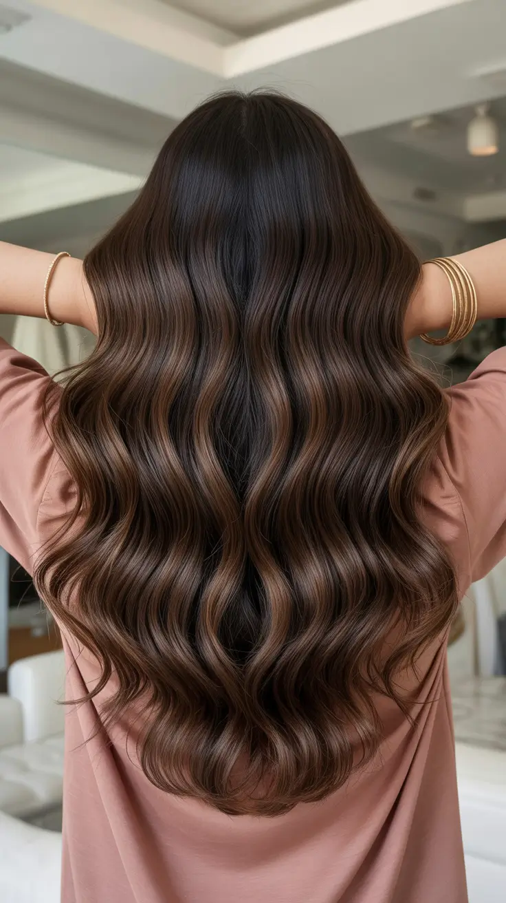 brunette hair color 2026 Hollywood Waves with Dark Dimension