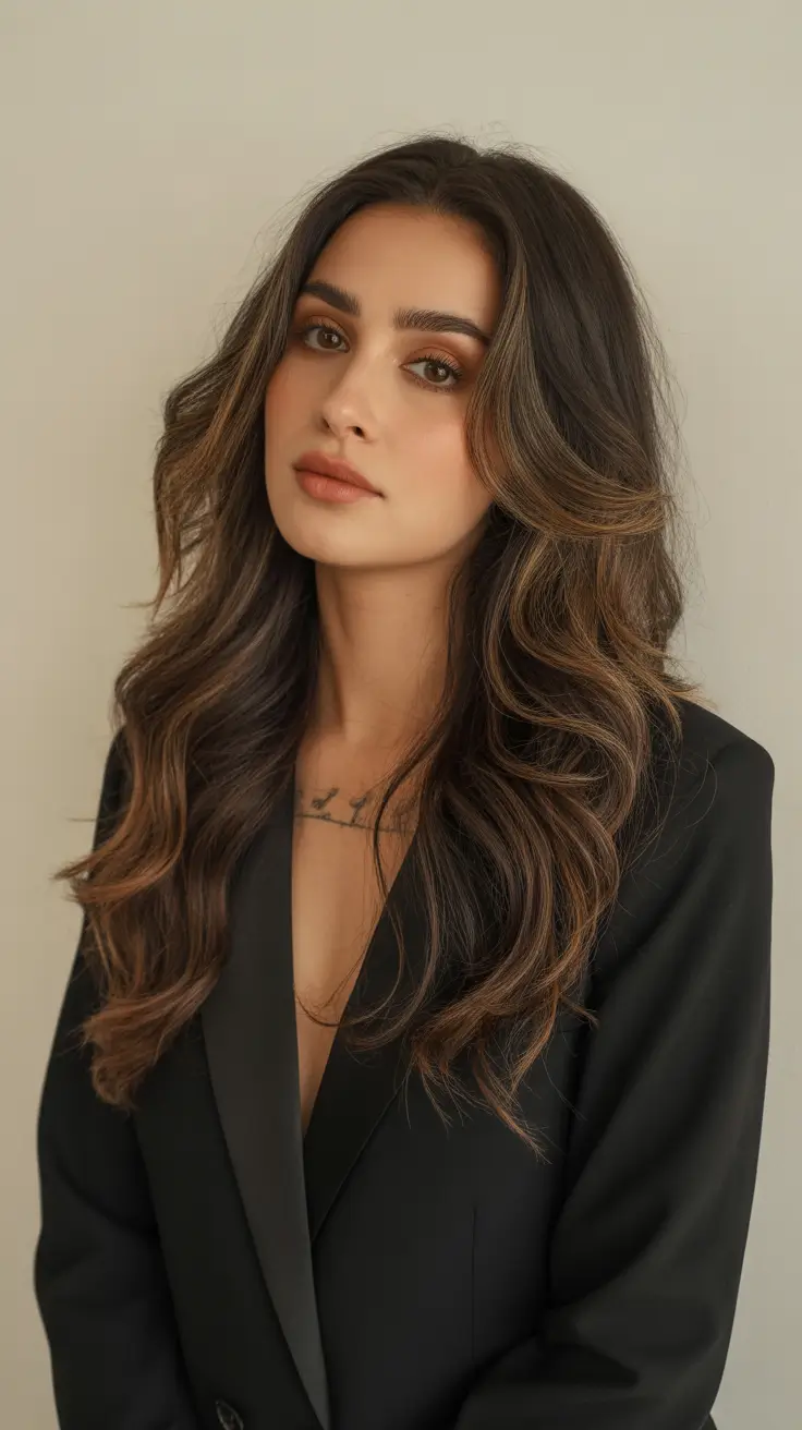 brunette hair color 2026 Subtle Caramel Ribbons