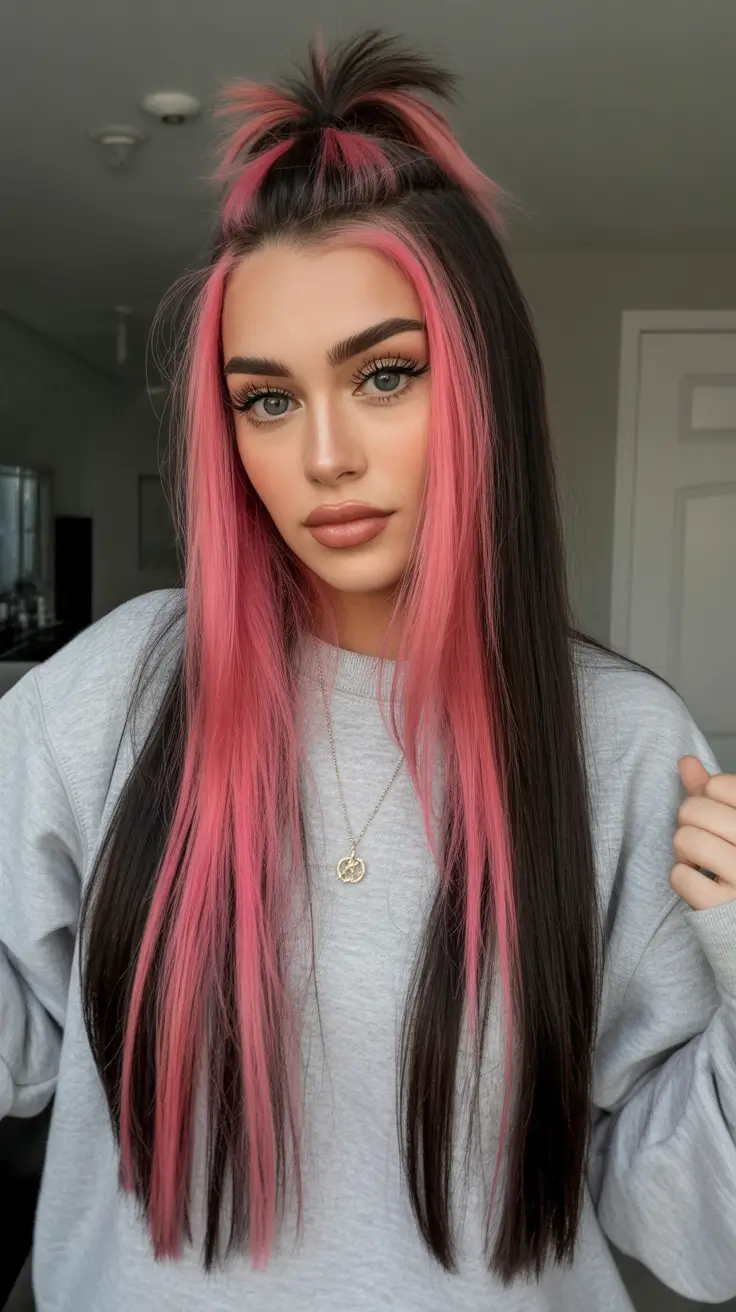 brunette hair color 2026 Pop of Pink and Bold Expression