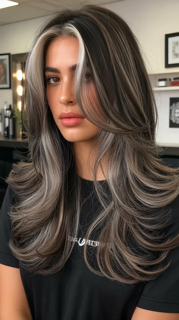 brunette hair color 2026 Ash Brunette with Silver Dimension