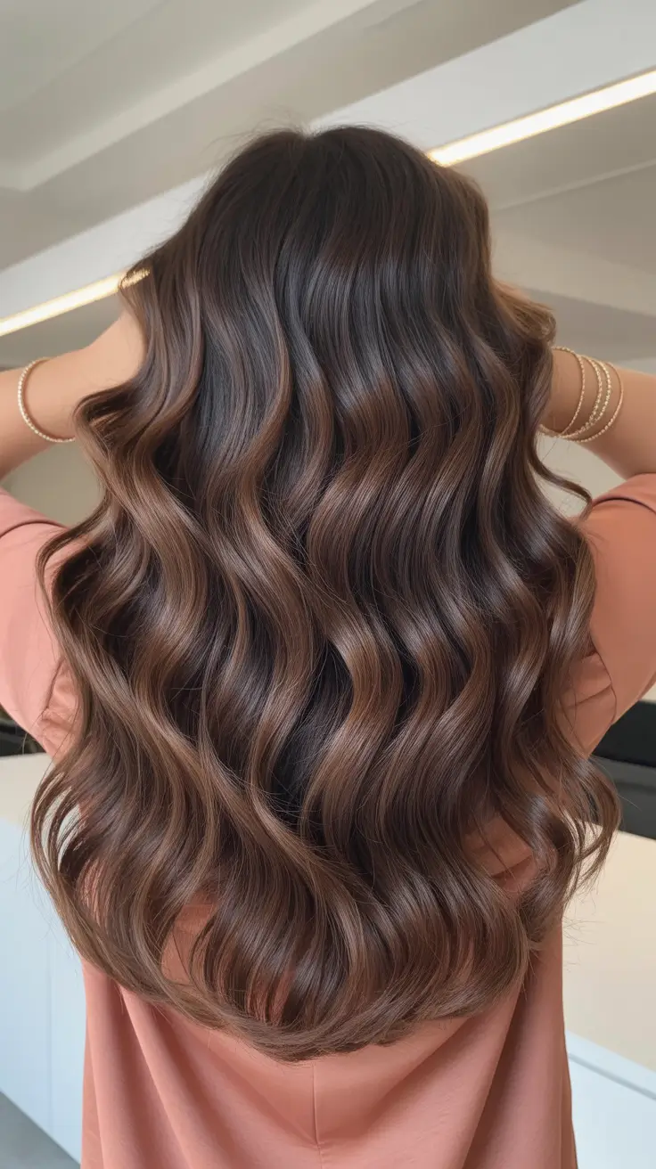 brunette hair color 2026 Dimensional Coffee Swirl Waves