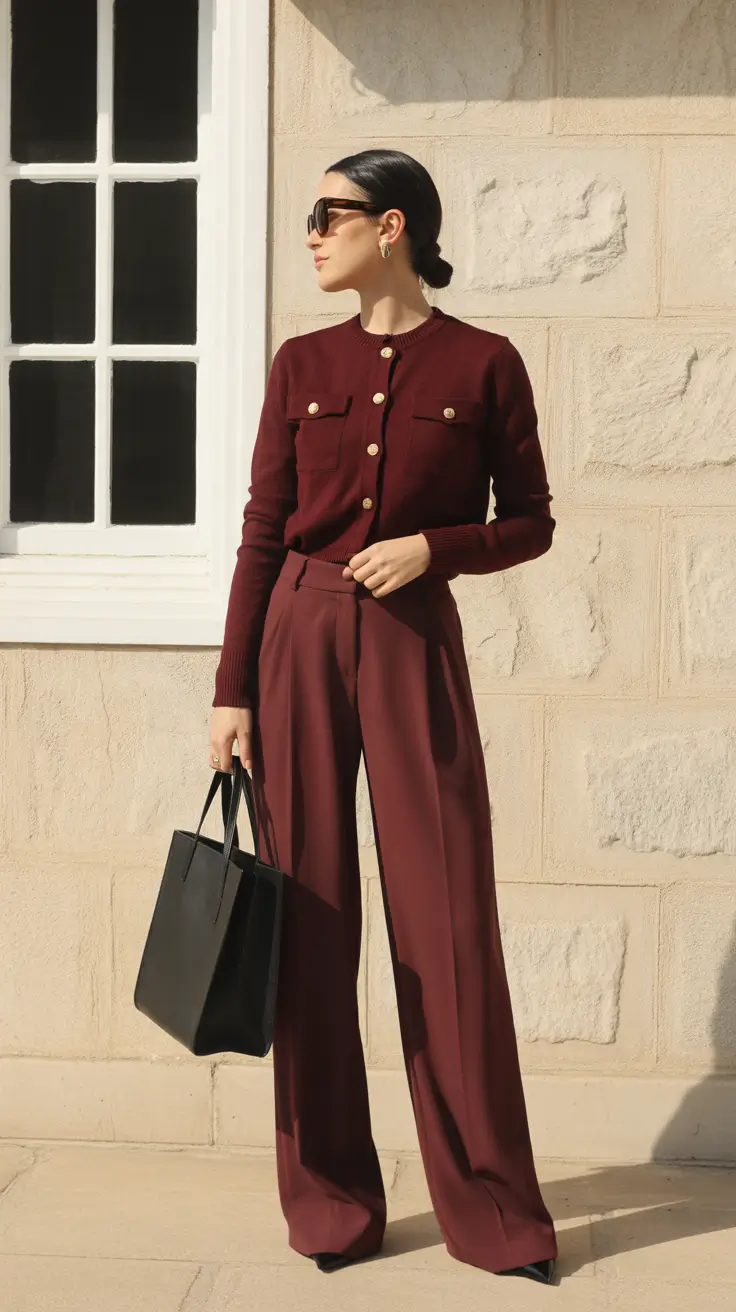 business casual outfits 2026 Monochrome Muse Burgundy Reimagined