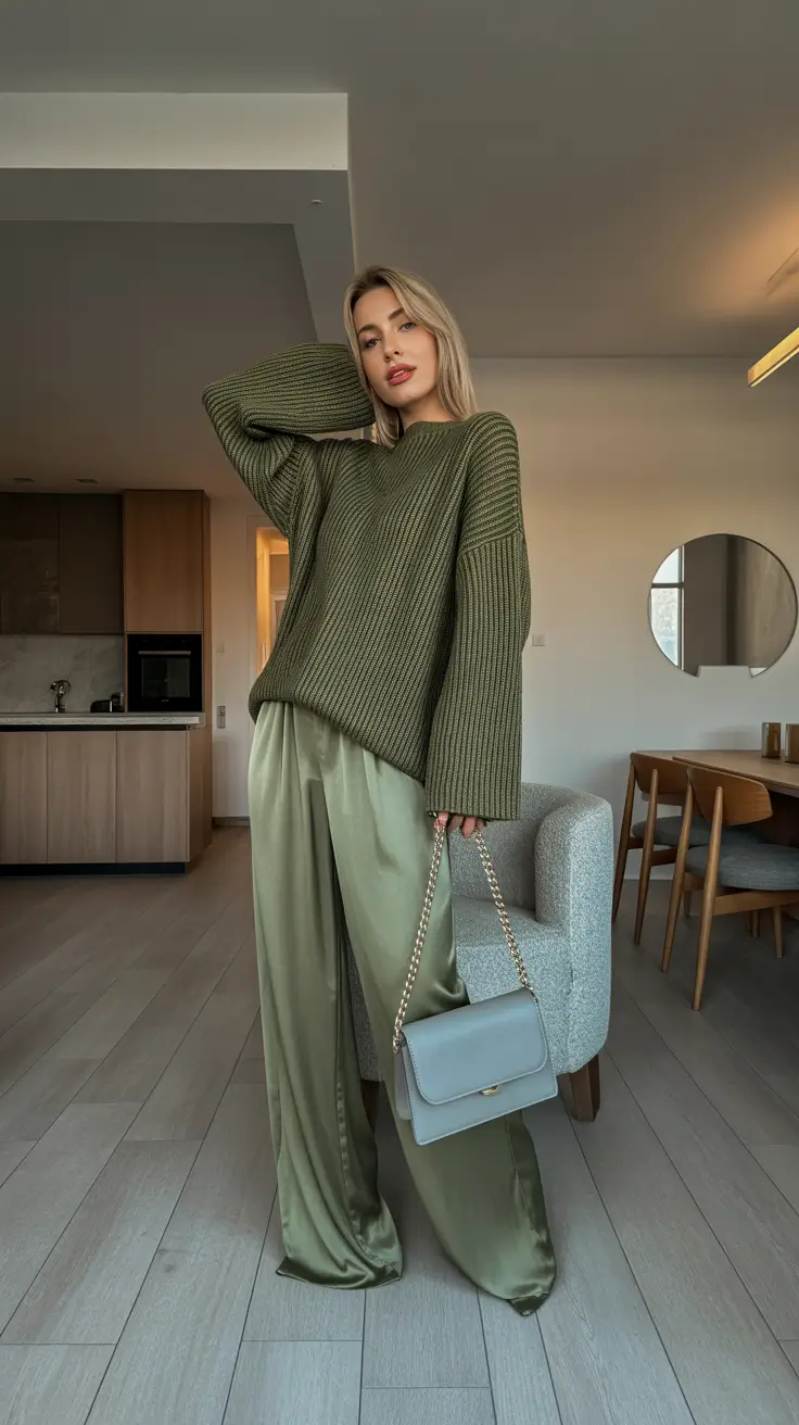 business casual outfits 2026 Soft Harmony Satin and Knit Perfection