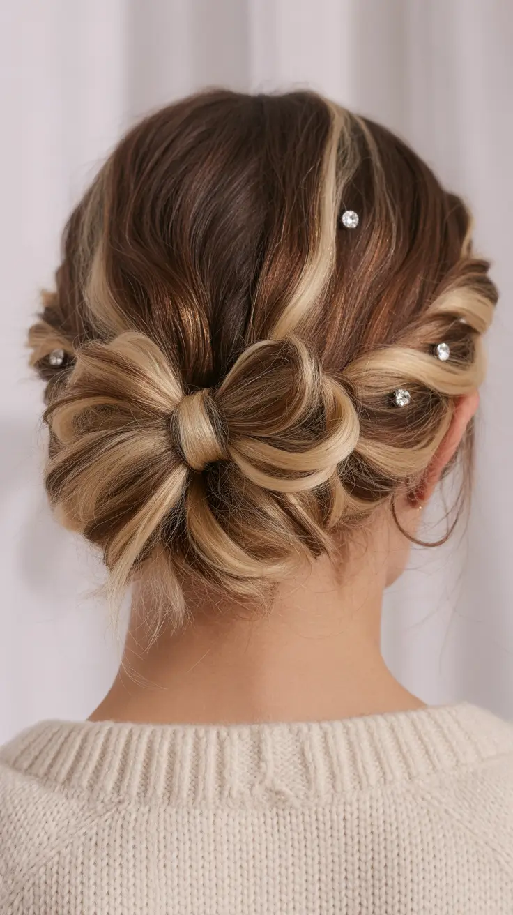 Christmas Holiday Hairstyles for Party 2025 Diamond Bow Bun