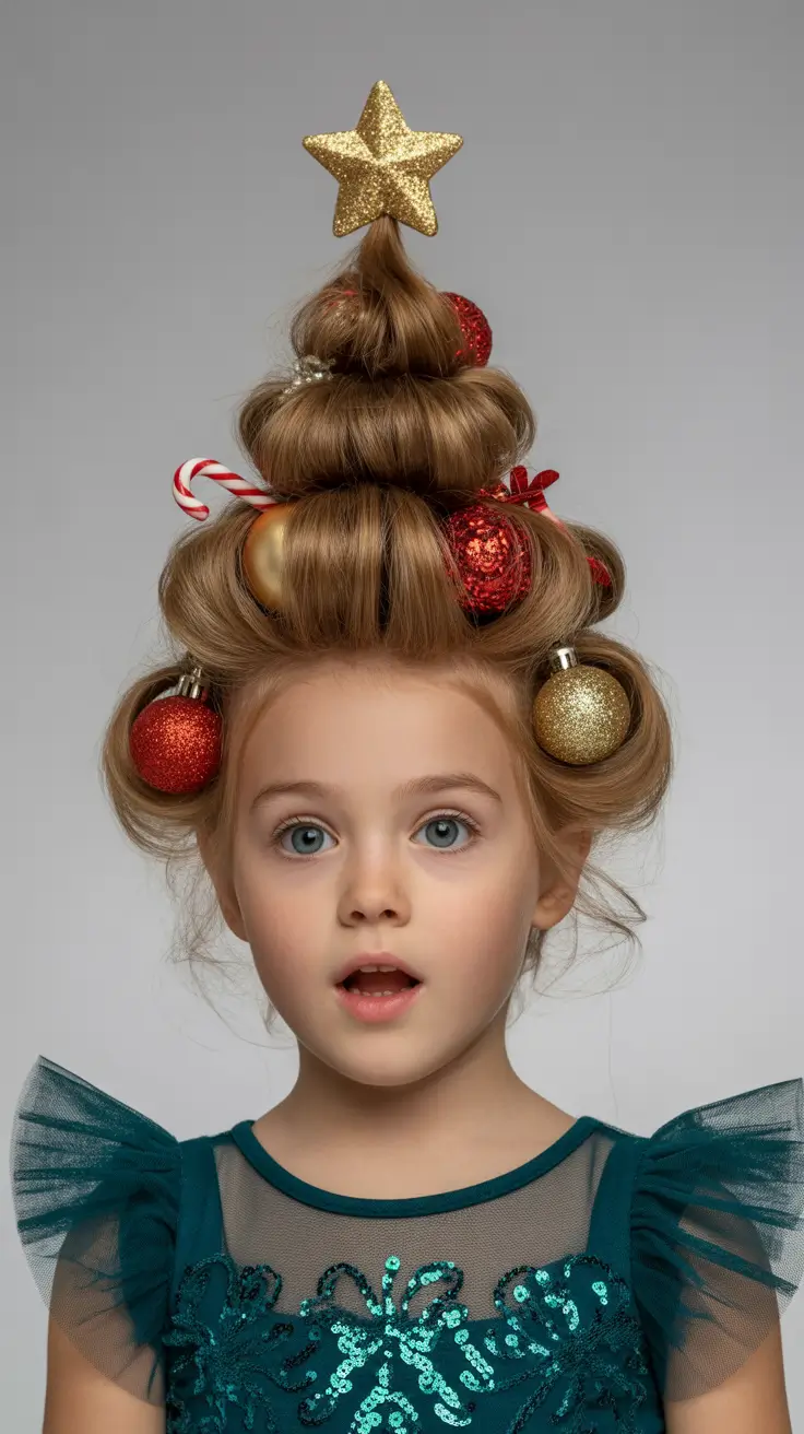 Christmas Holiday Hairstyles for Party 2025 Mini Christmas Tree Hair for Kids