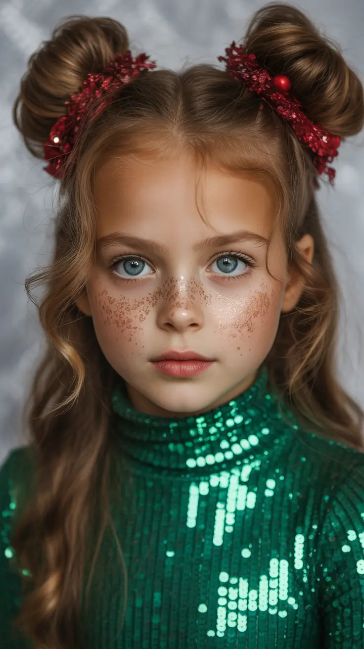 christmas party hairstyles 2025 Playful Sparkle Buns for Kids