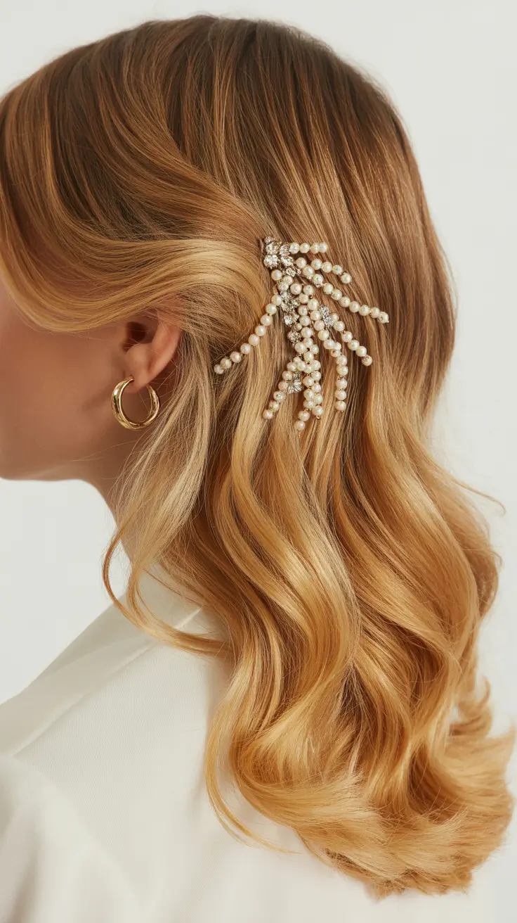 christmas party hairstyles 2025 Soft Curls with Pearl Accent