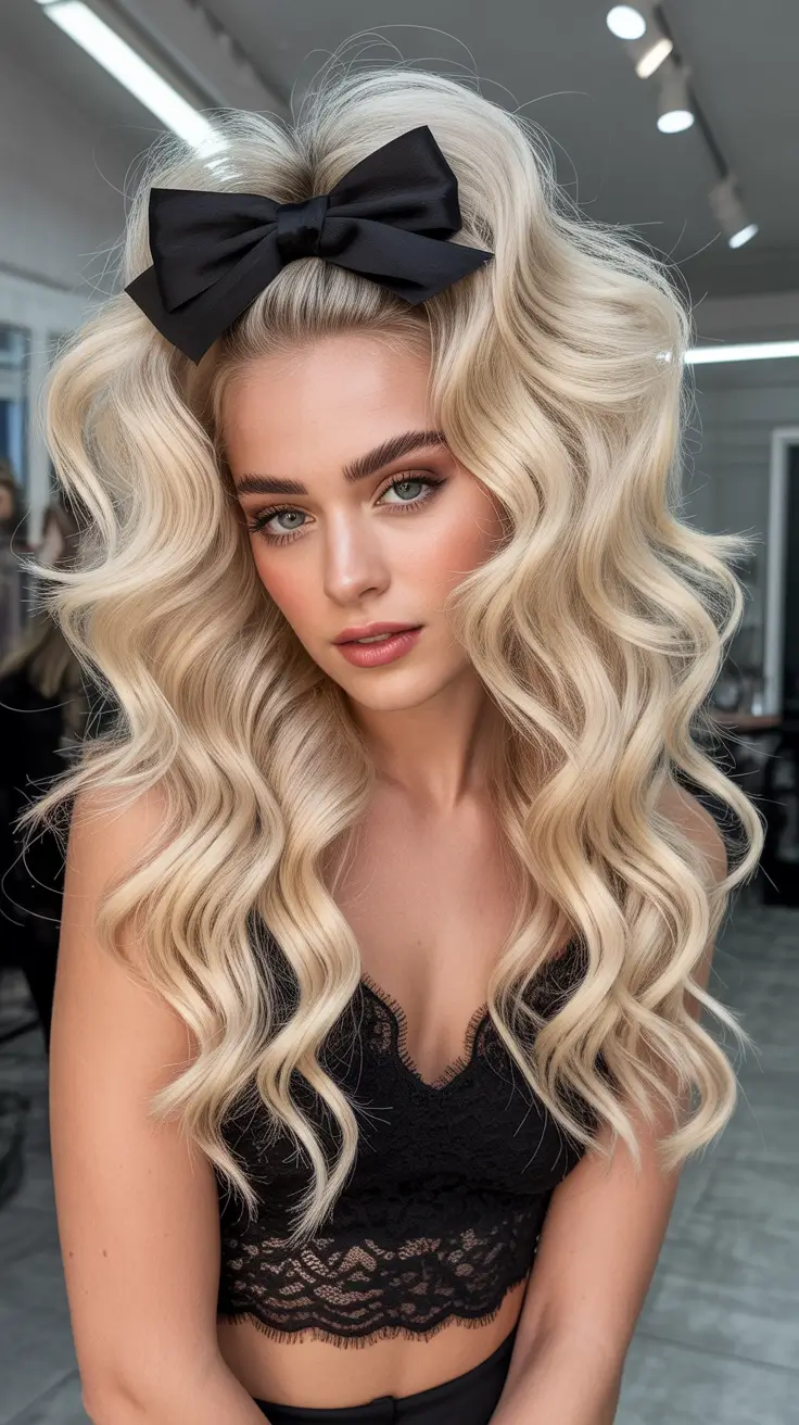 christmas party hairstyles 2025 Hollywood Waves with a Statement Bow