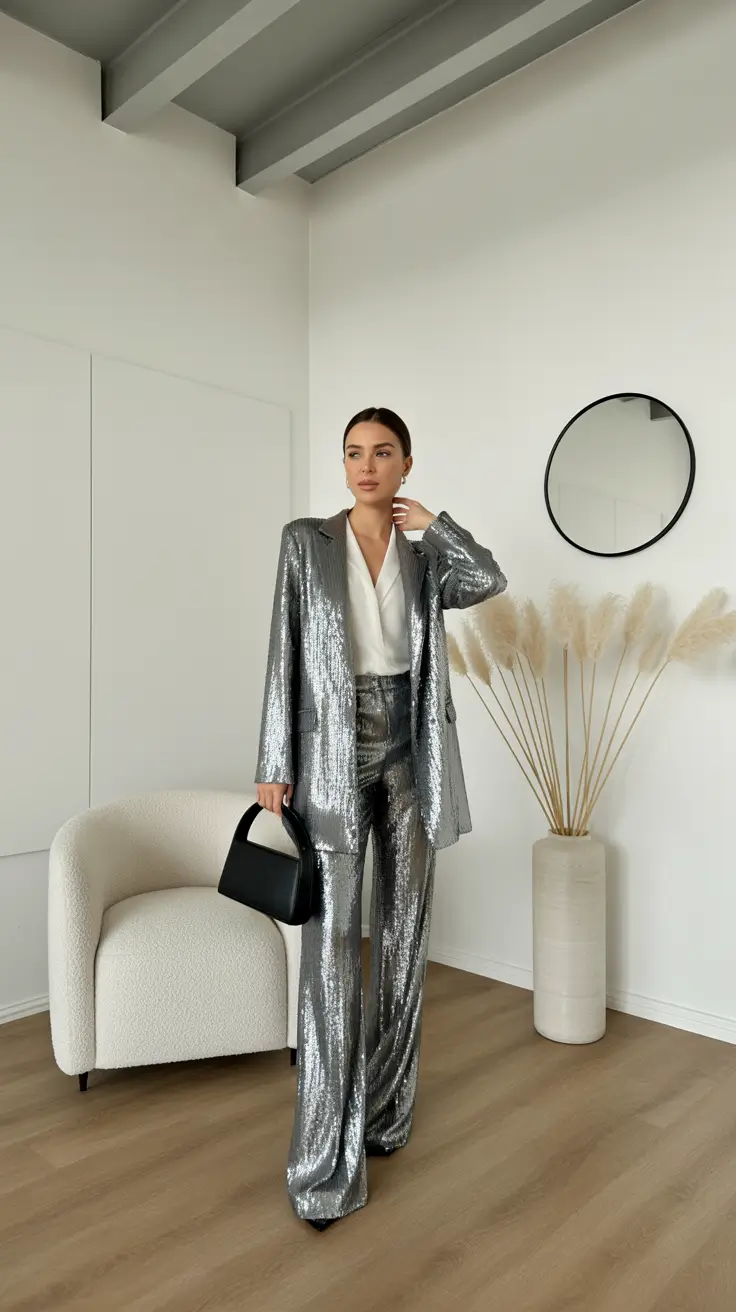 christmas party outfits 2025 Metallic Elegance