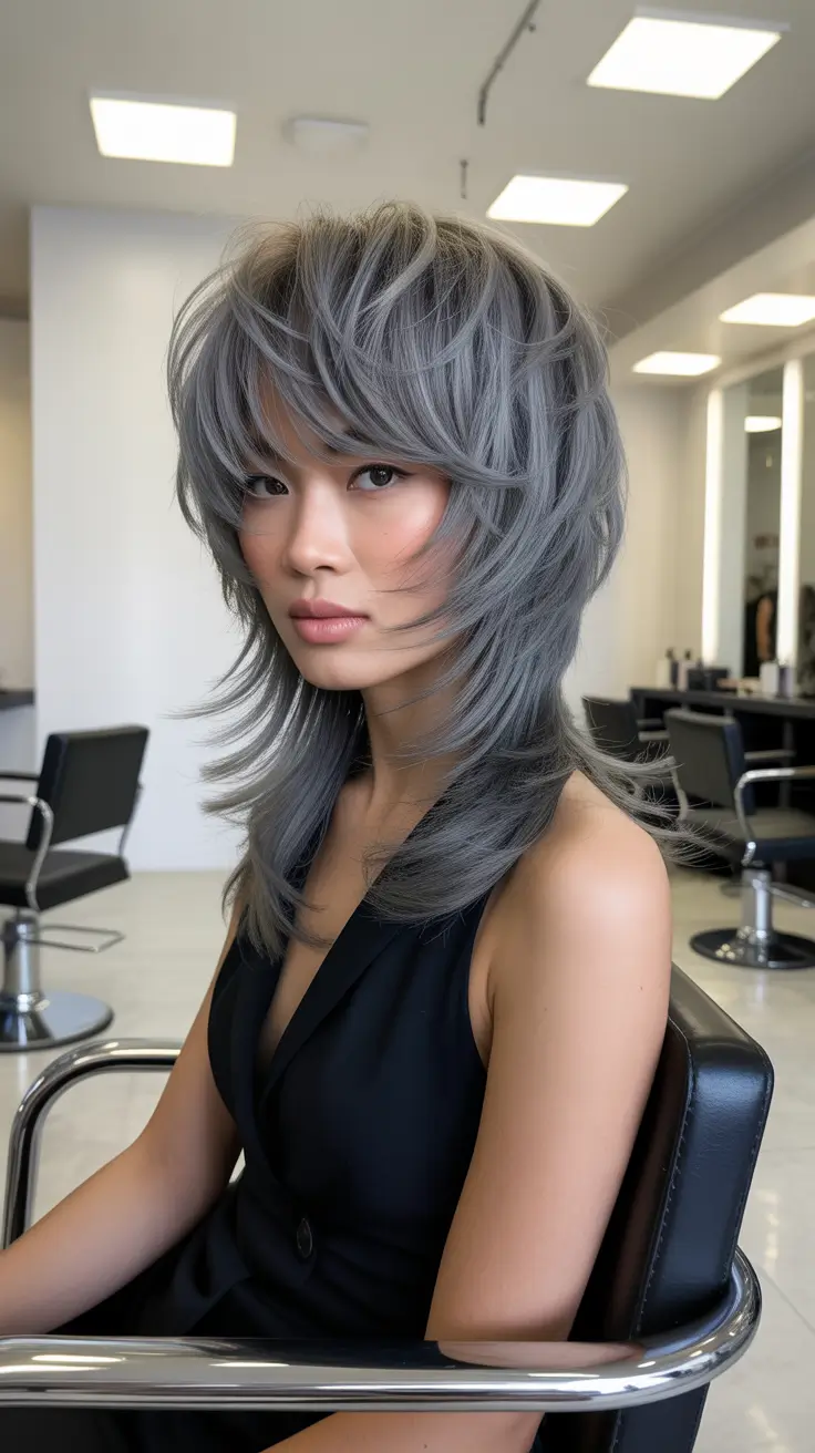 haircuts for medium hair 2026 Smoky Silver Layers with Modern Edge