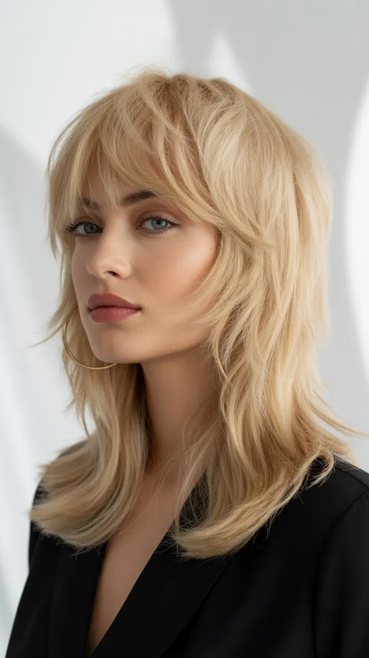 haircuts for medium hair 2026 Golden Shag with Layers and Bangs
