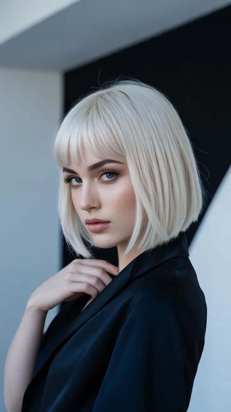 haircuts for thin fine hair 2026 Blunt Platinum Bob with Short Bangs