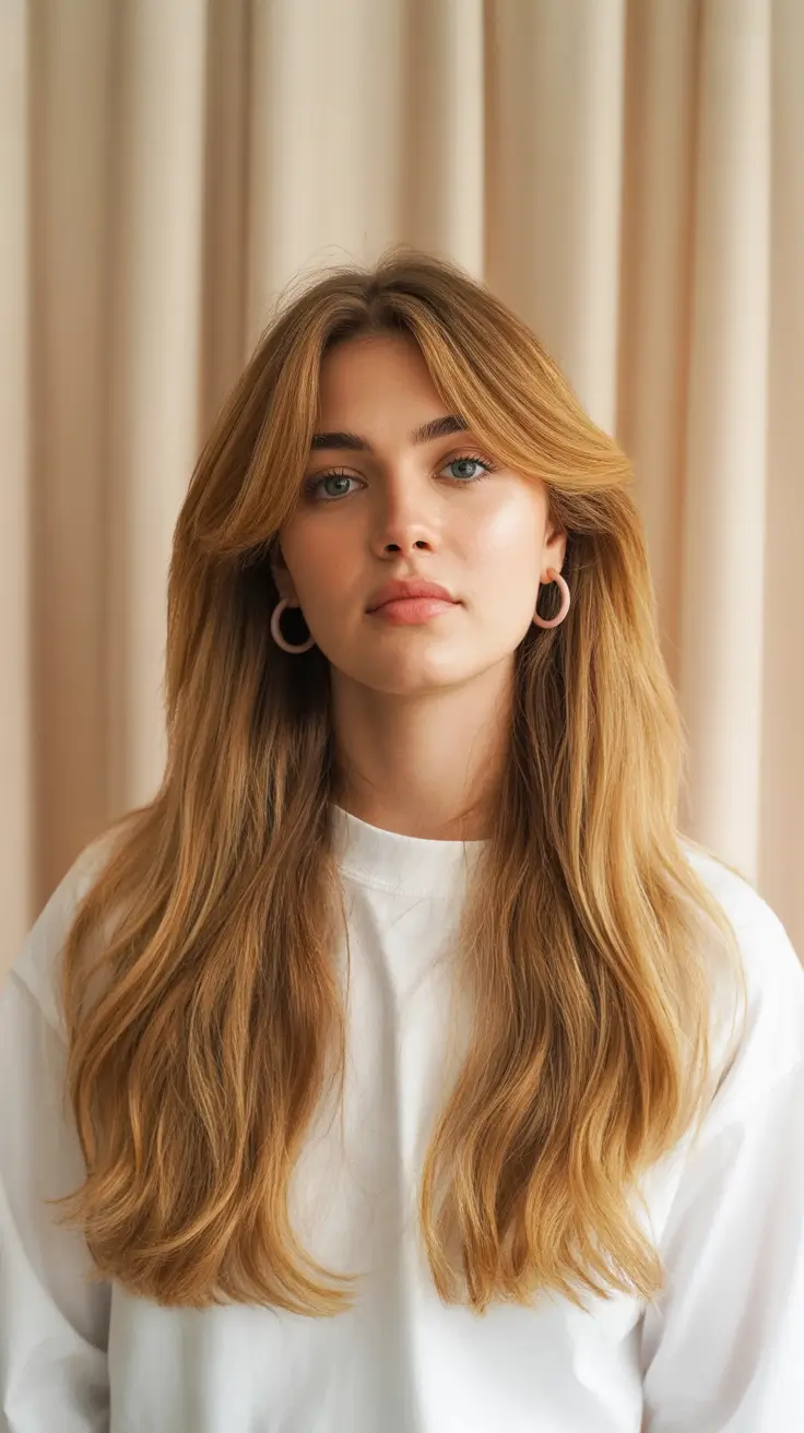 haircuts for thin fine hair 2026 Golden Straight Layers with Long Curtain Bangs
