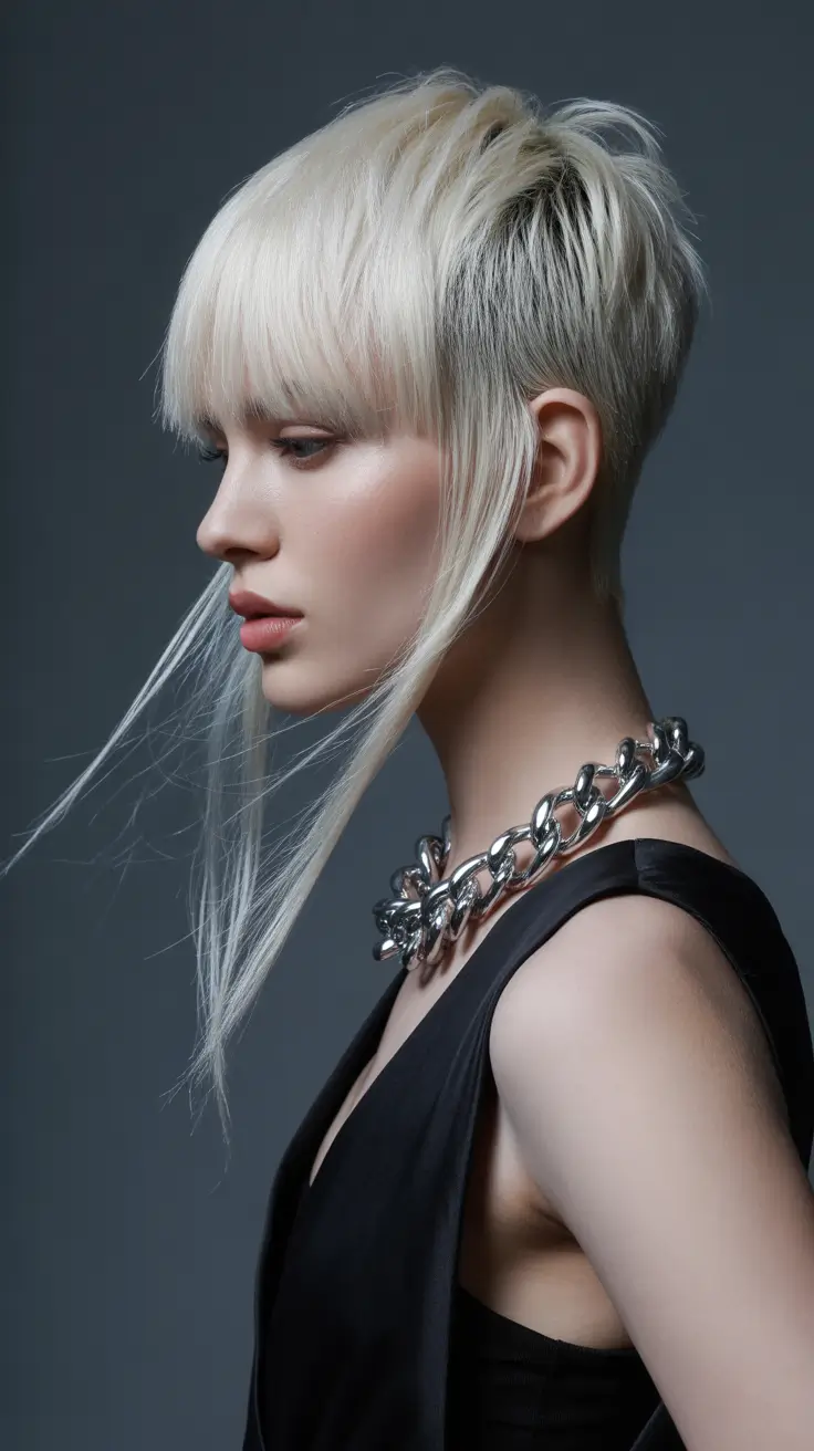 haircuts for thin fine hair 2026 Edgy Platinum Crop with Dramatic Bangs