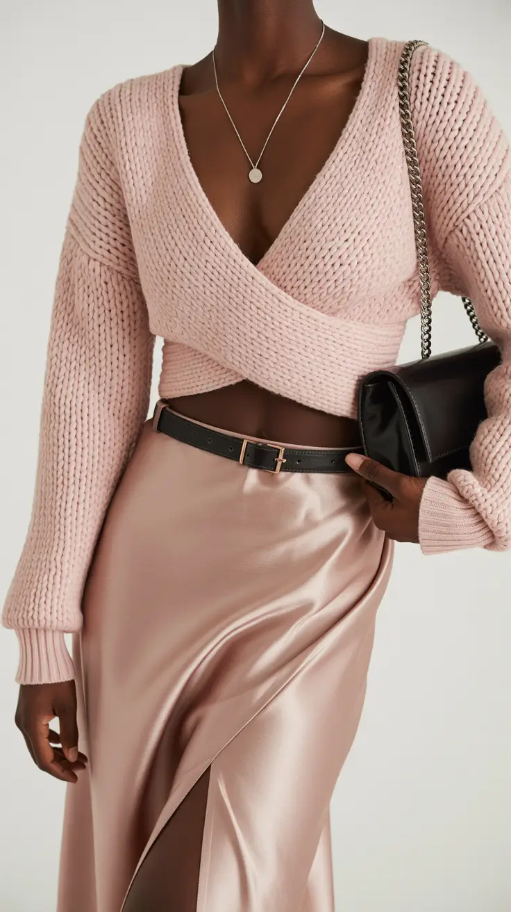 trendy outfits 2026 Soft Satin & Knit Romance