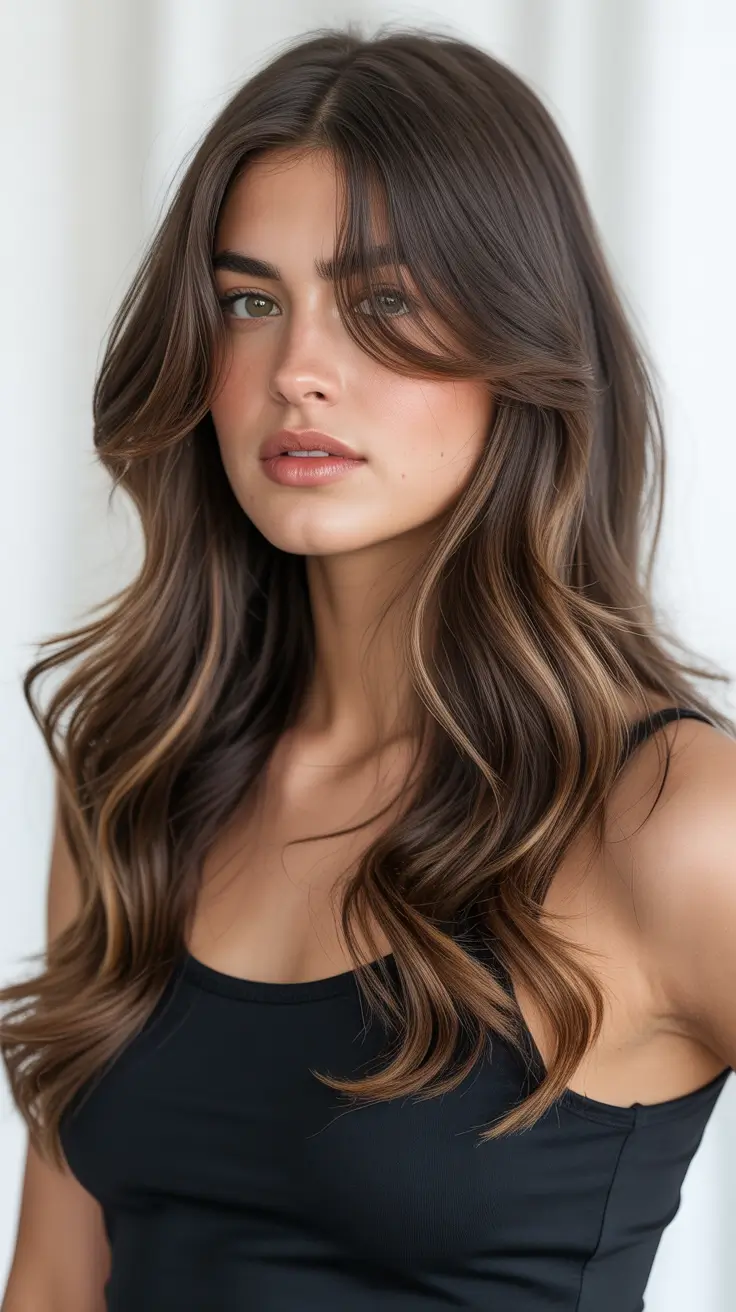 dark brown hair color 2026 Soft Chestnut Curtain Waves