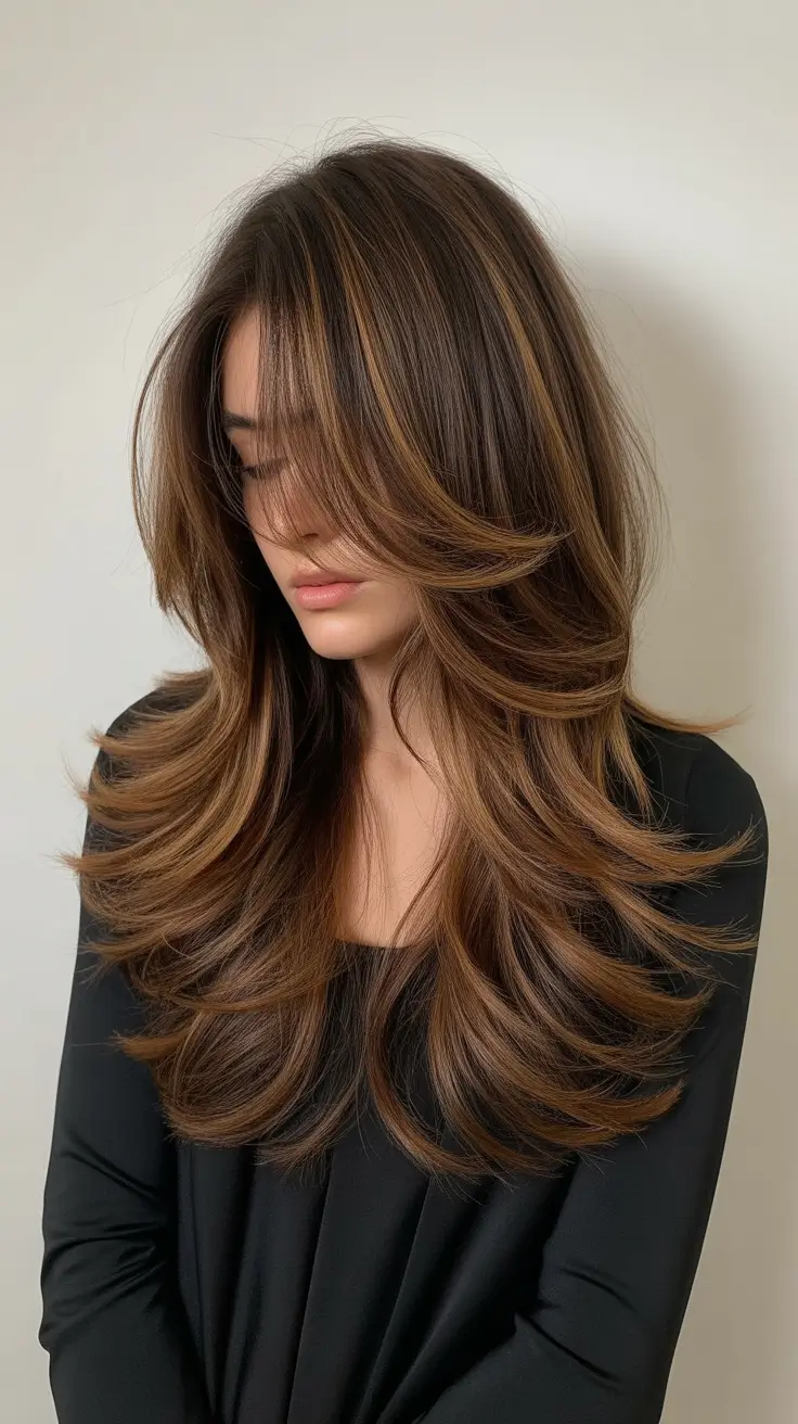 dark brown hair color 2026 Layered Texture with Autumn Glow