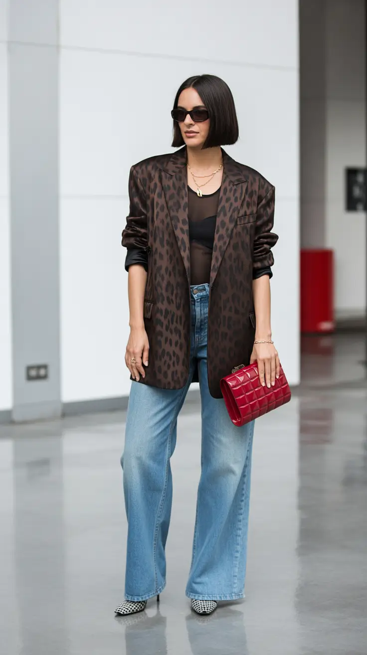 Denim outfits 2026 Chic Contrast with Leopard and Light Denim