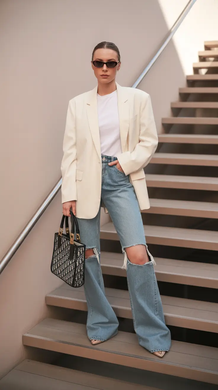 Denim outfits 2026 Timeless Simplicity White Blazer and Ripped Denim