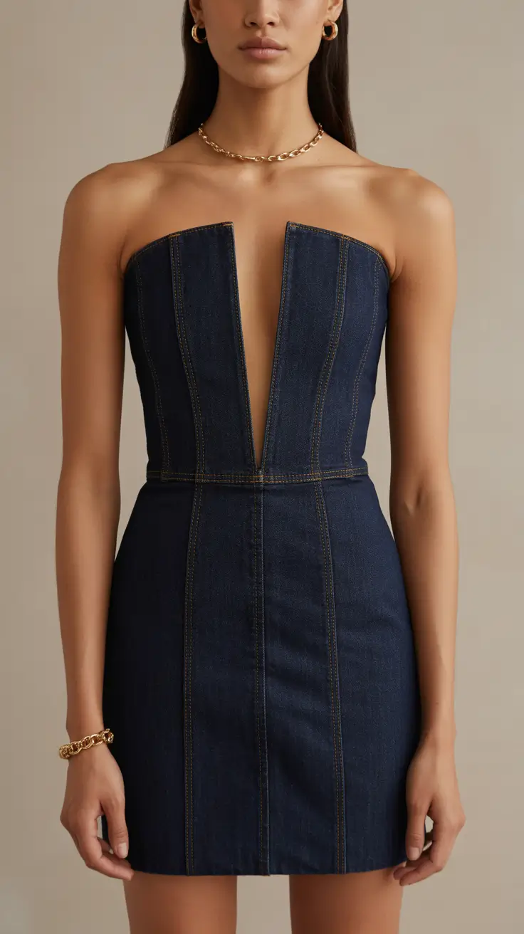 Denim outfits 2026 Structured Beauty in a Strapless Denim Dress