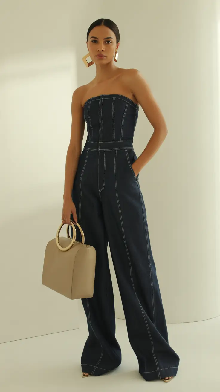 Denim outfits 2026 Elegant Statement Strapless Jumpsuit and Geometry